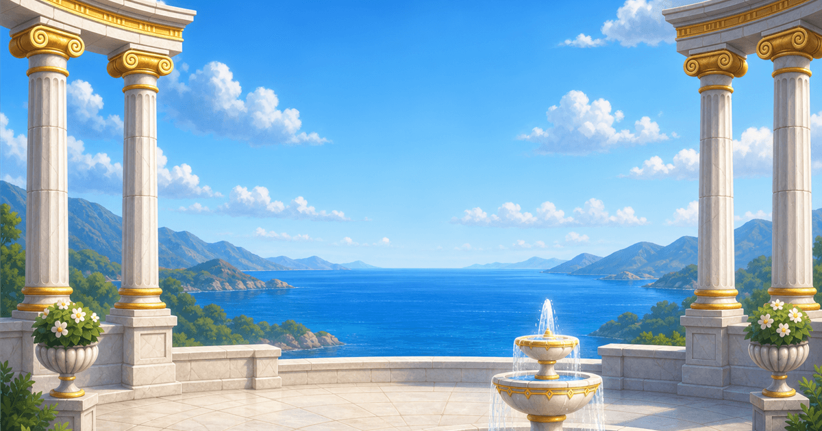 The marble terrace and fountain of Sands of Olympus overlooking the Aegean